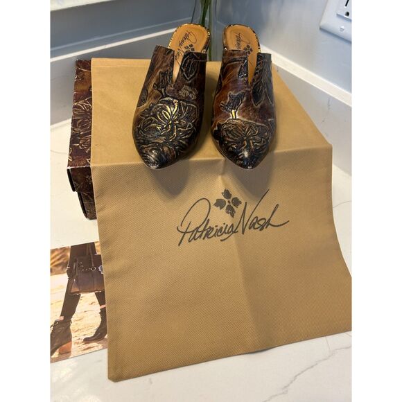 PATRICIA NASH Ruffina Mule in Chocolate Gold Metallic Back Leaves Size 6 Shoes - Picture 2 of 9